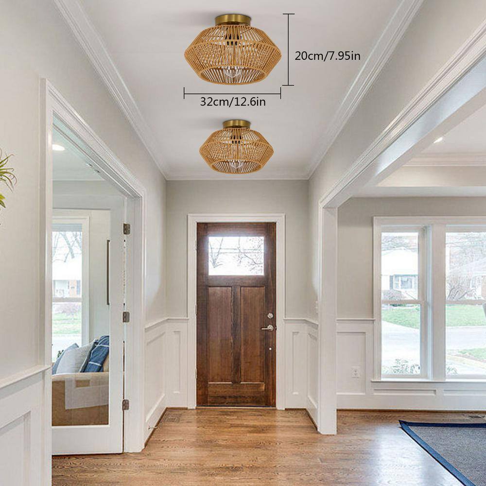 12.6 in. 1-Light Gold Retro Hand Woven Paper String Semi-Flush Mount Ceiling Light - Hercitys