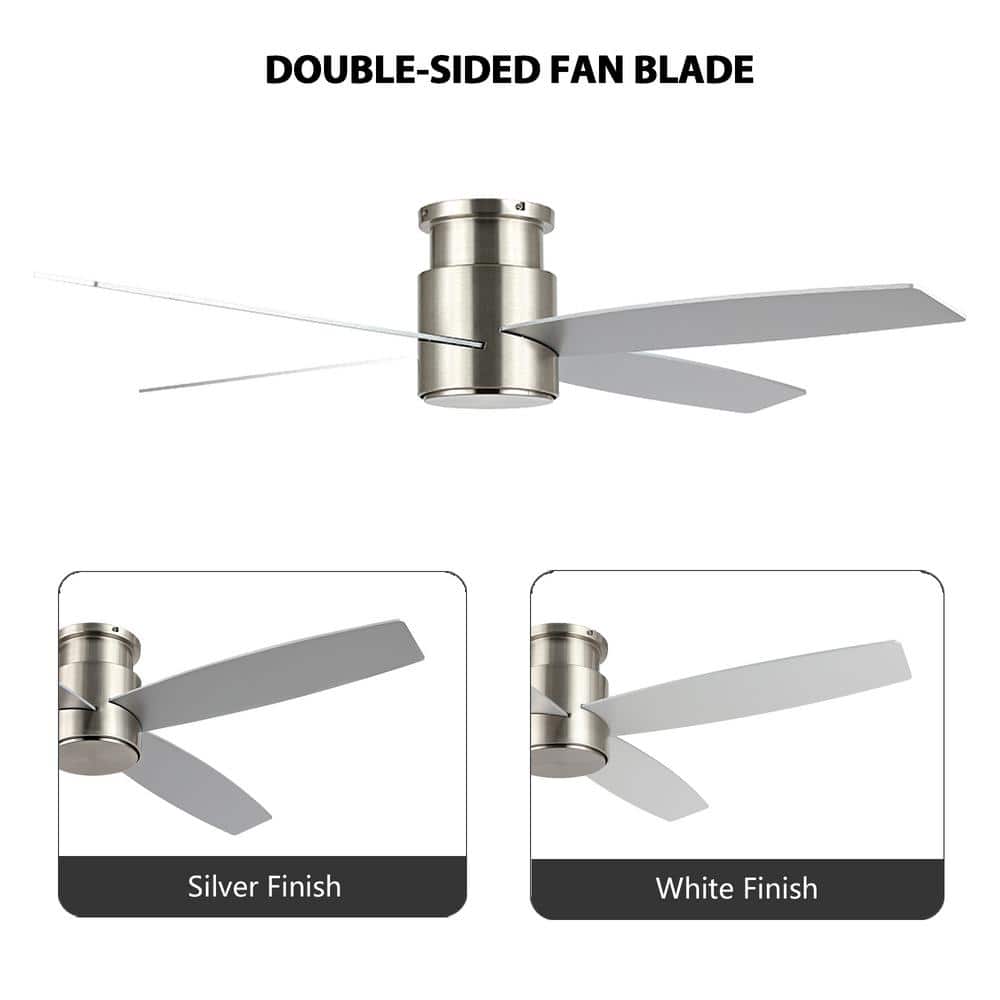 52 in. Nickel Flush Mount DC Ceiling Fan without Lights, 4 Reversible Blades - Hercitys