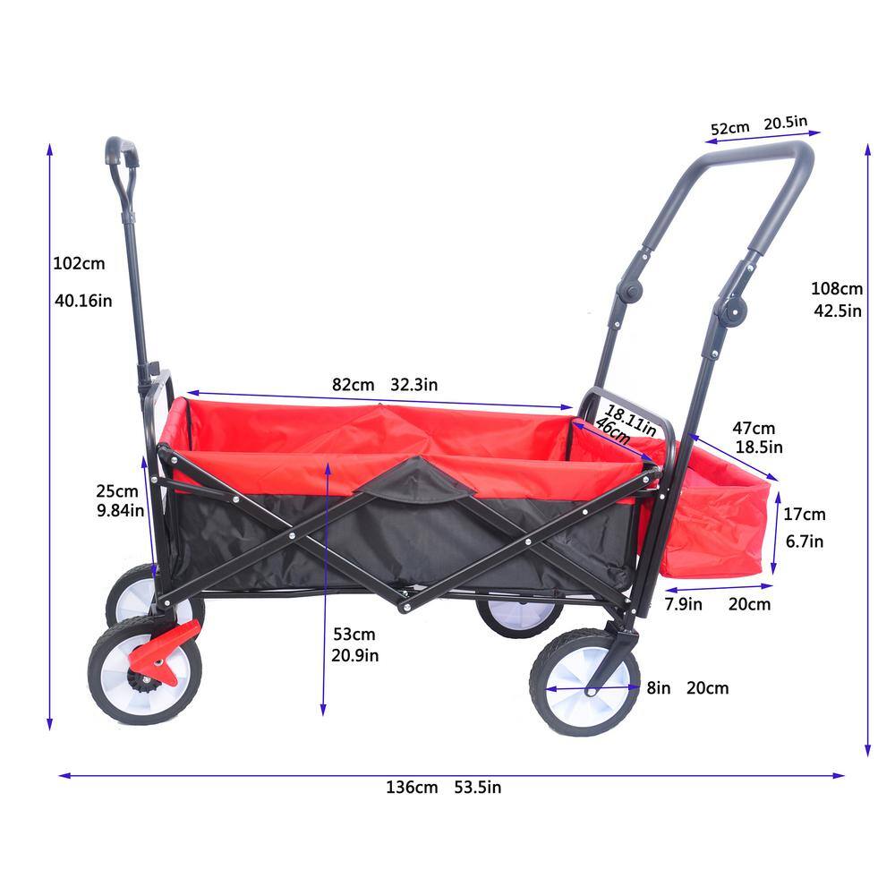 3.9 cu. ft. Red Black Steel Folding Garden Cart with Adjustable Handles and Emergency Brakes - Hercitys