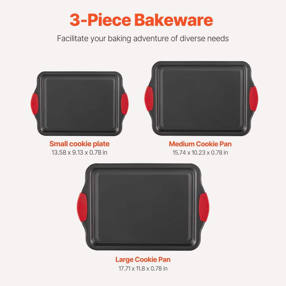 3-Piece Nonstick Baking Pan Set, Carbon Steel Oven Trays with Silicone Handles, Easy-Clean Cookware Set - Hercitys