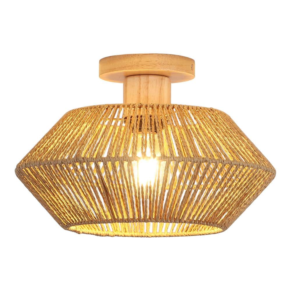 12.6 in. 1-Light Bohemian Woven Rattan Semi-Flush Mount Ceiling Light - Hercitys