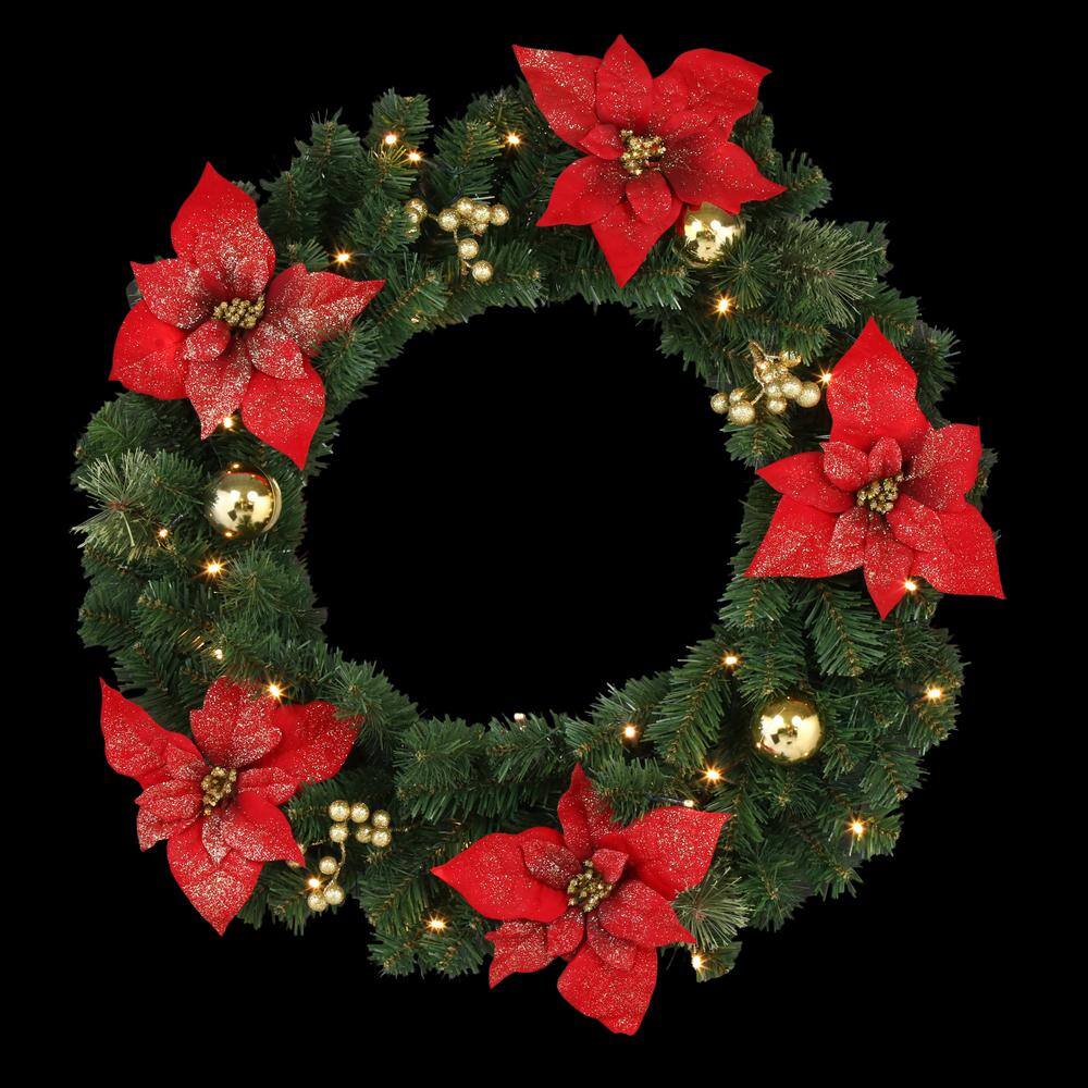30 in. Pre-Lit LED Glittered Poinsettia Artificial Christmas Wreath with 35-Lights - Hercitys
