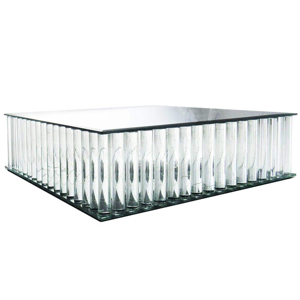 1-Tier Clear Square Mirror LED Fairy Light Up Glass Columns Cake Stand Dessert Display Tray 14 in. - Hercitys