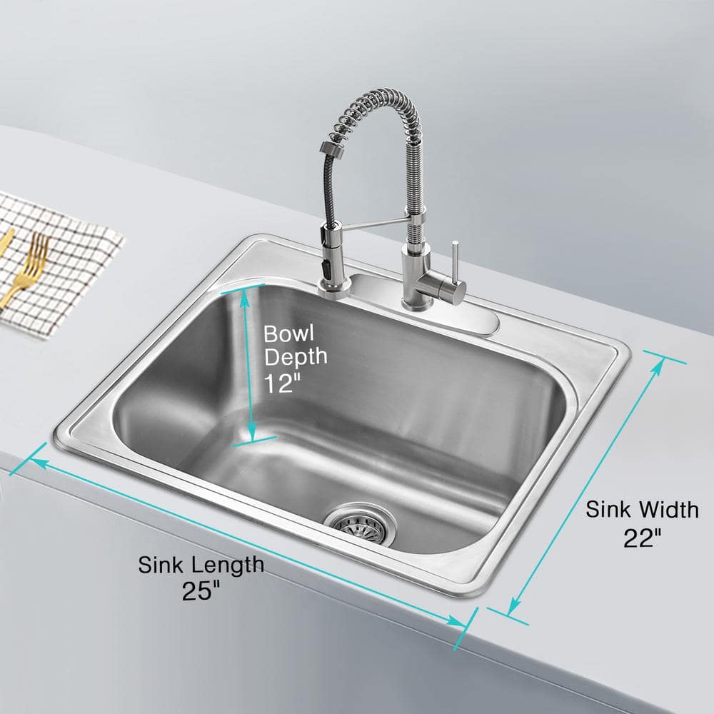 12 in. Depth 18-Gauge Stainless Steel 25 in. Single Bowl Drop-In Kitchen Sink with Bottom Grid - Hercitys