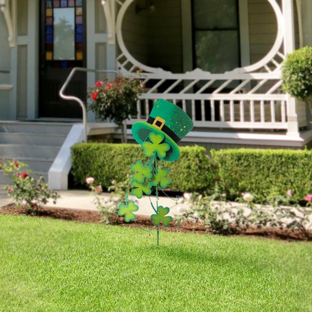 42 in. St. Patrick’s Metal Leprechaun Hat Shamrocks Yard stake(KD, 2 Function) - Hercitys