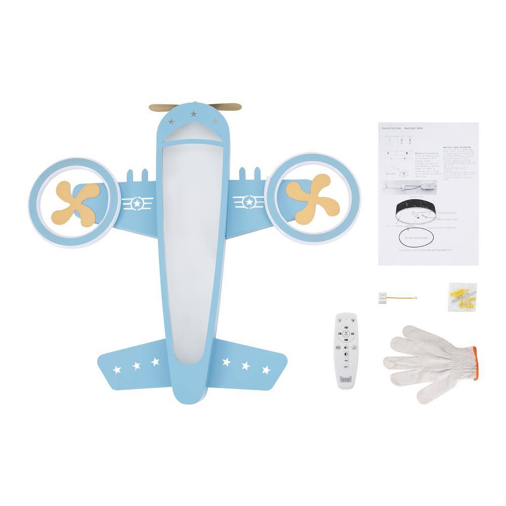 23.62 in. Blue and Gold Creative Airplane-Shaped Dimmable Flush Mount Ceiling Light with Remote and Integrated LED Light - Hercitys