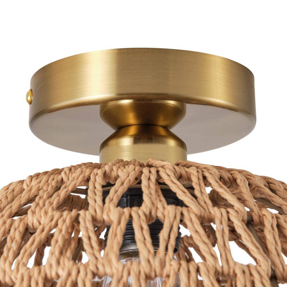 11.02 in. 1-Light Handmade Woven Boho Semi-Flush Mount Rustic Rattan Ceiling Light - Hercitys