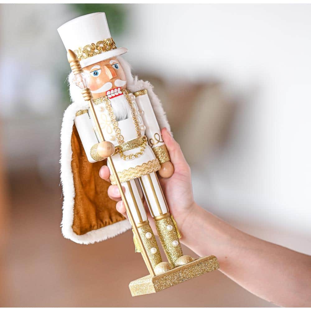 14 in. Wooden Christmas Gold King Nutcracker-Gold and White Glittered Nutcracker with Gold and White Fur Cape and Staff - Hercitys