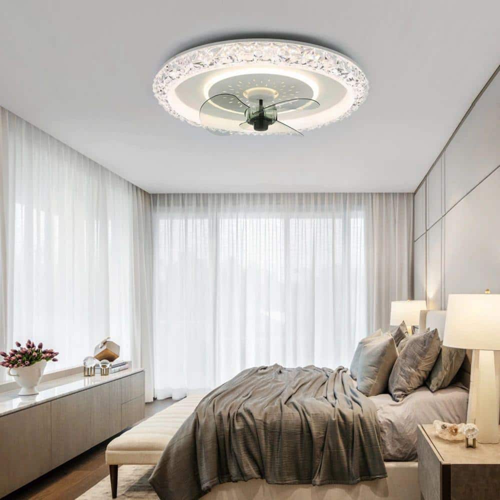20 in. LED Indoor White Glam Crystal Low Profile Ceiling Fan with Light, 6- Speed Flush Mount Ceiling Fan with Remote - Hercitys