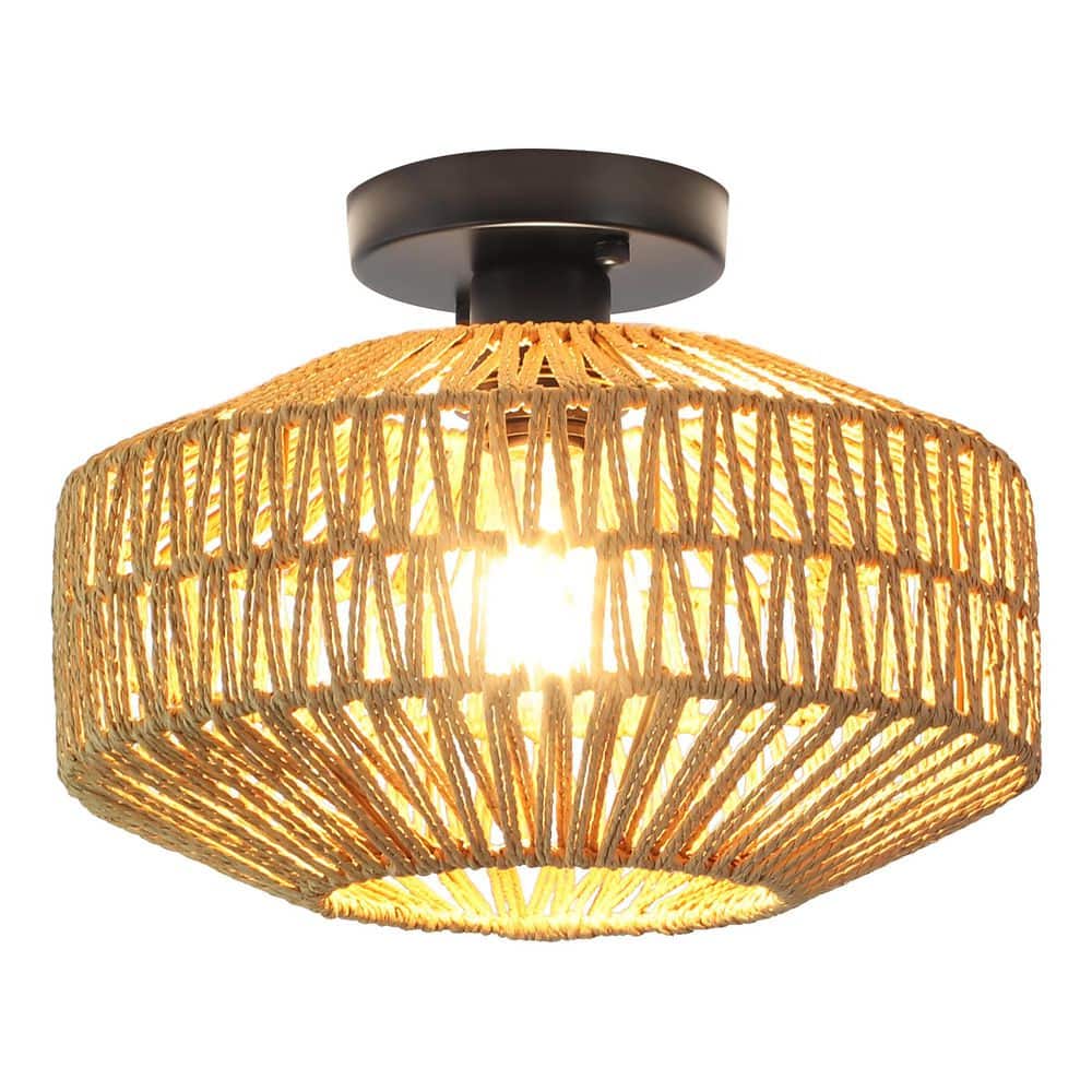 11.81 in. 3-Light Black Brown Farmhouse Semi-Flush Mount Light with Hemp Ropes Shade and No Bulbs Included - Hercitys