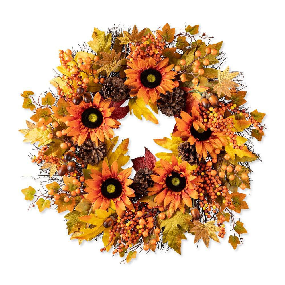 24 in. D Unlit Fall Sunflower, Maple Leaf and Berry Wreath - Hercitys