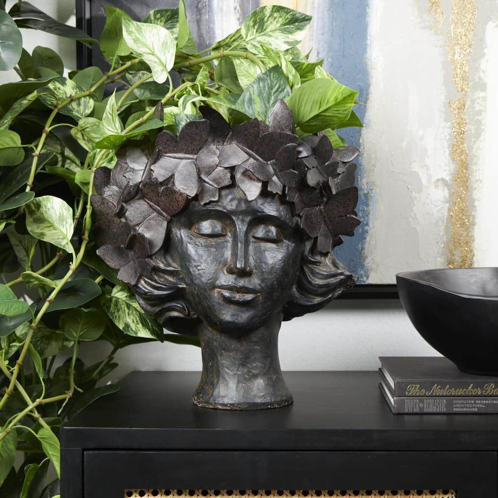 14 x 13 x 10 in. Medium Bronze Resin Woman Head Planter with Wide Opening and Butterfly Accents - Hercitys
