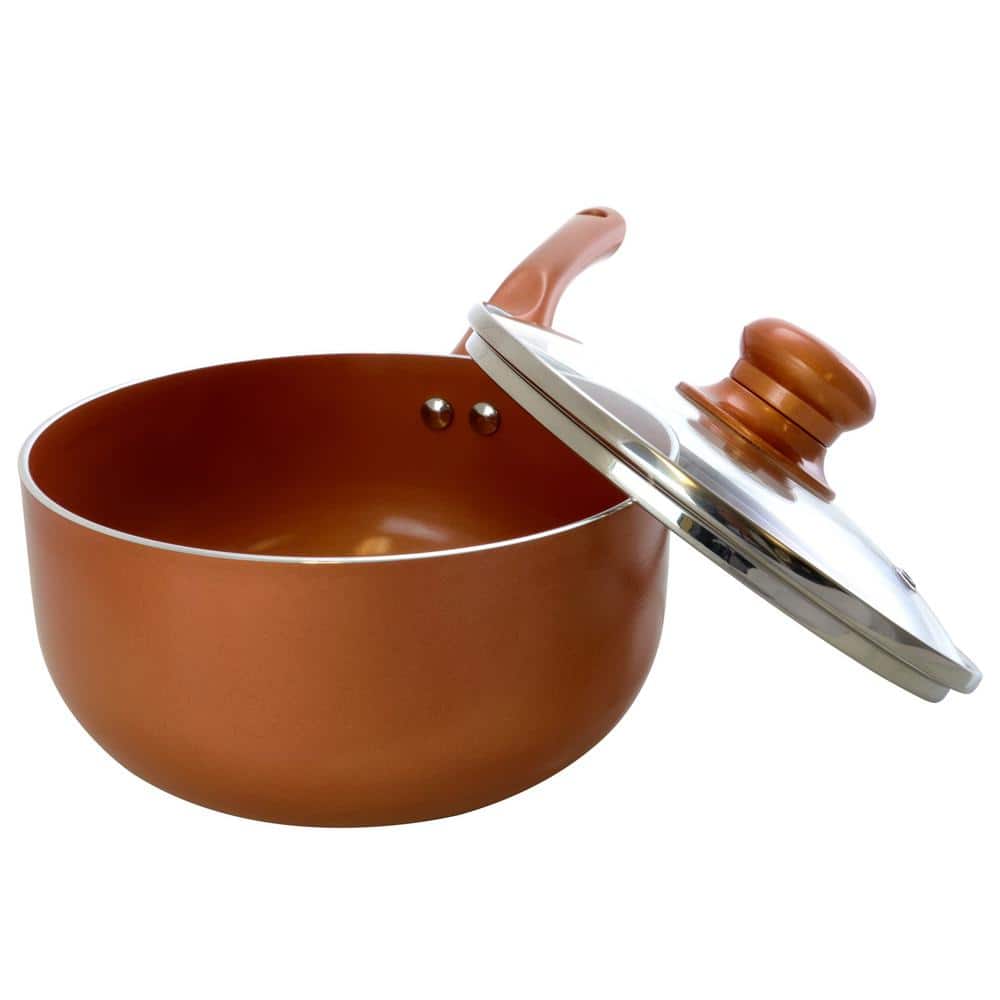 2 qt. Aluminum Ceramic Nonstick Sauce Pan in Copper with Glass Lid - Hercitys