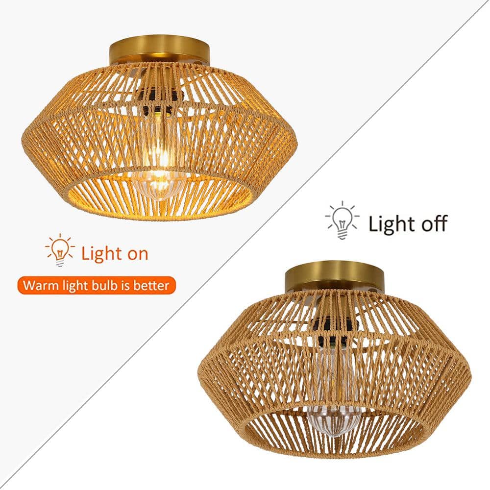 12.6 in. 1-Light Gold Retro Hand Woven Paper String Semi-Flush Mount Ceiling Light - Hercitys