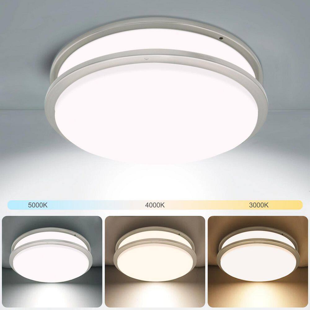 14 in. 20-Watt, 1600 Lumens Brushed Nickel LED Finish Double Ring CCT Flush Mount Ceiling Light - Hercitys
