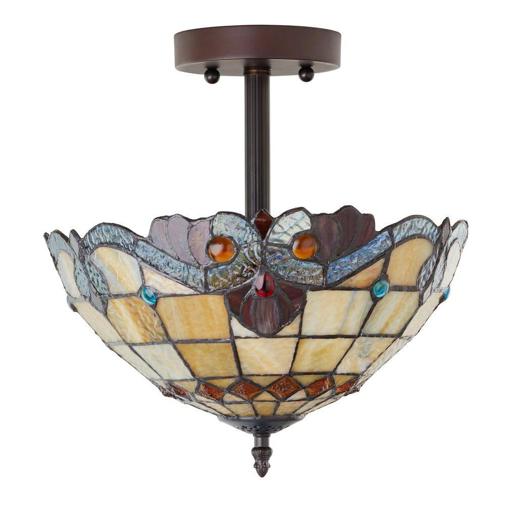 13 in. Tiffany Stained Glass Semi-Flush Mount Ceiling Light with Red and Amber Bowl Shade - Hercitys