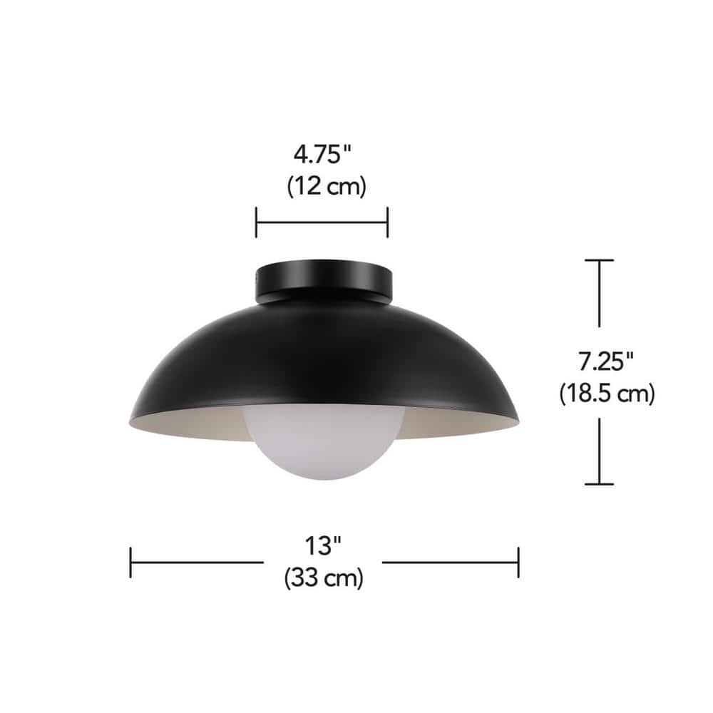 13 in. 1-Light Matte Black Flush Mount Ceiling Light with White Opal Glass Shade - Hercitys
