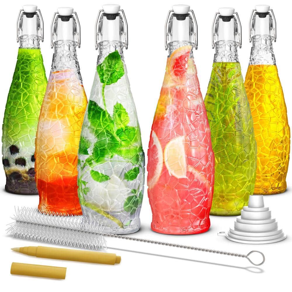 33 oz. Textured Teardrop Swing Top Glass Bottles with Funnel, Bottle Brush and Glass Marker (Set of 6) - Hercitys