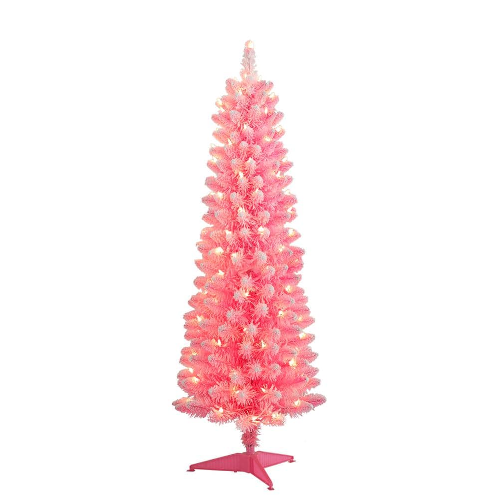 4.5 ft. Prelit Flocked Pink Pencil Artificial Christmas Tree with 100 Lights - Hercitys