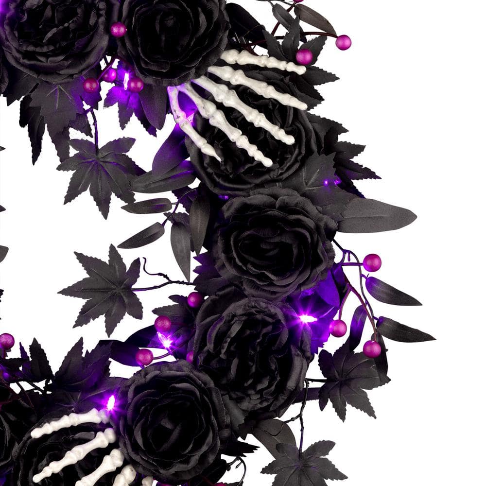 24 in. Bad to the Bone Halloween Wreath with 30 Purple LED Lights - Hercitys