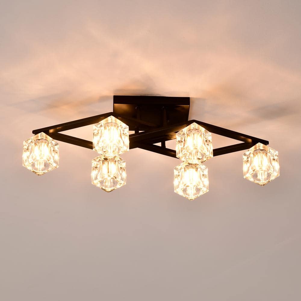 24.9 in. 6-Light Black Modern Semi-Flush Mount With Crystal Shade and 6-G9 Bulbs Included - Hercitys