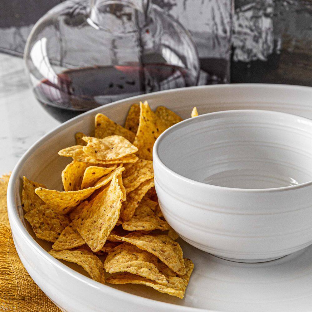 12.99 in. White Stoneware Serving Bowl Round Chip and Dip - Hercitys