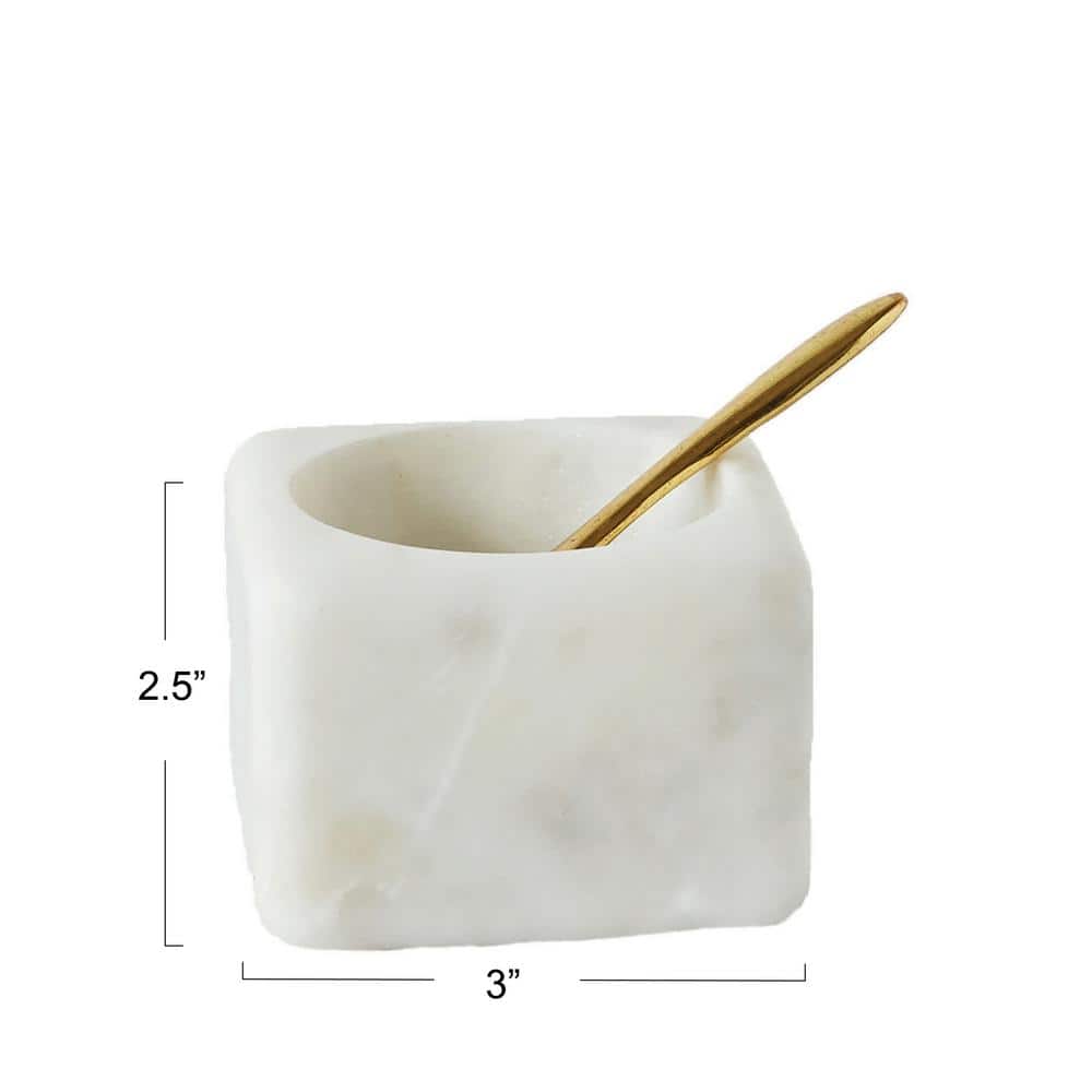 3 in. 2 fl. oz. White Marble Serving Bowl with Brass Spoon (Set of 2) - Hercitys