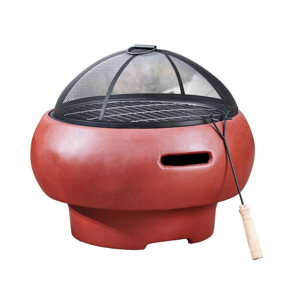 20.87 in. Round Wood Burning Fire Pit with Faux Concrete Base and Accessories, Red - Hercitys