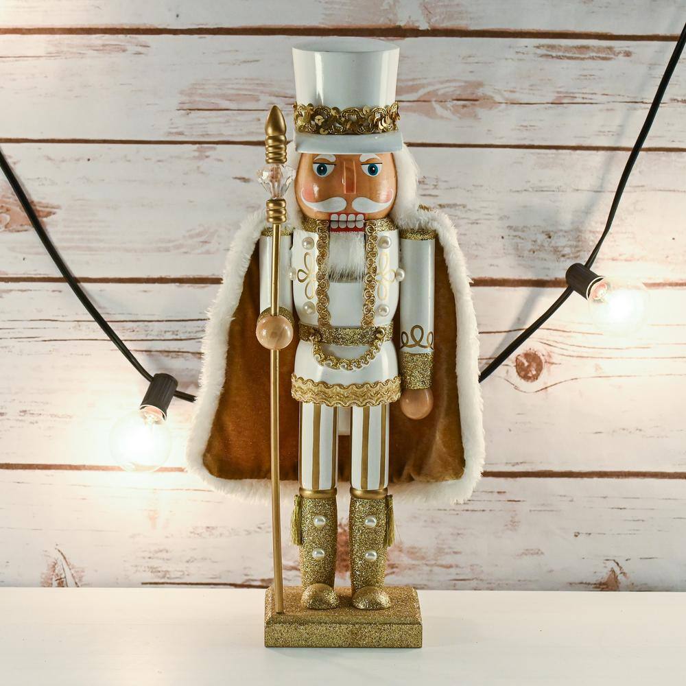 14 in. Wooden Christmas Gold King Nutcracker-Gold and White Glittered Nutcracker with Gold and White Fur Cape and Staff - Hercitys
