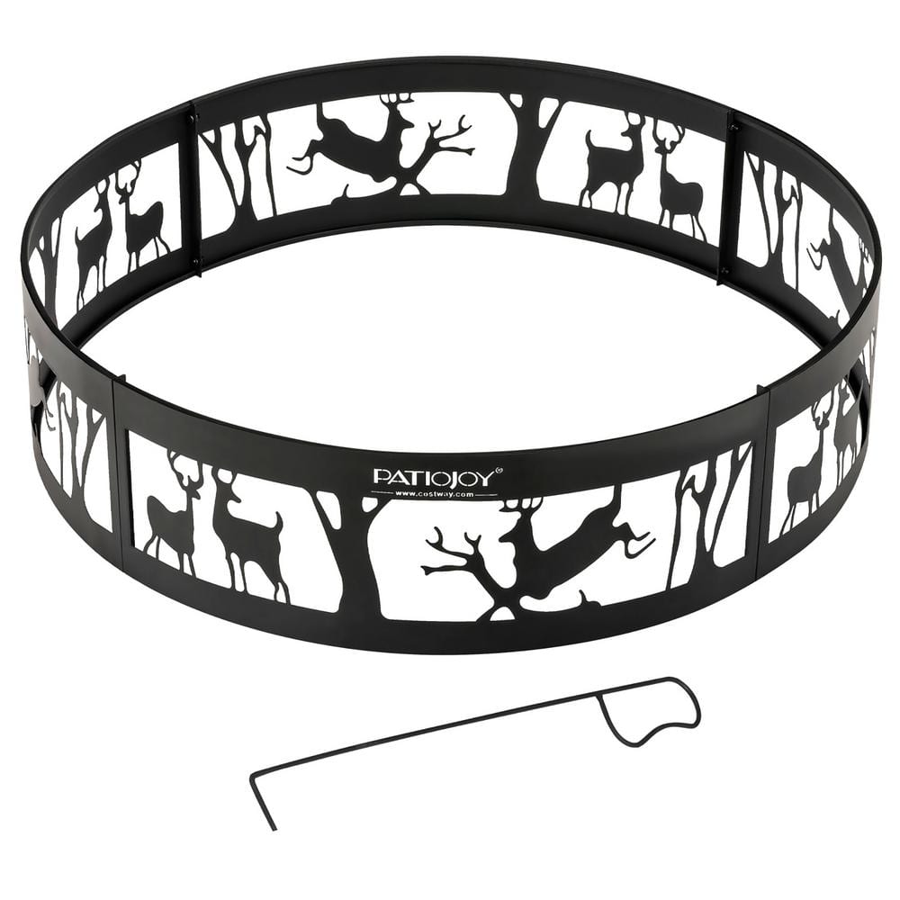 36 in. x 9 in. Round Metal Fire Pit Black Ring Deer with Extra Poker Bonfire Liner for Campfire - Hercitys