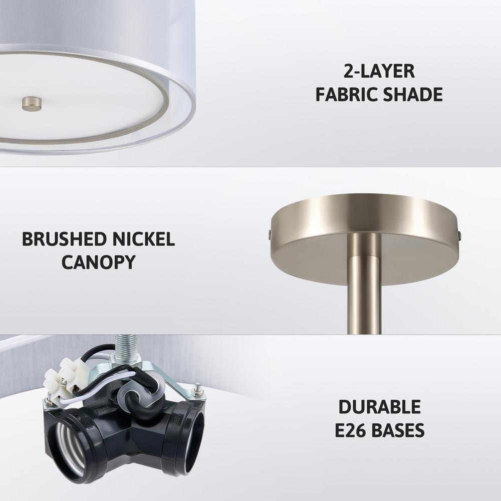 13 in. 3-Light Gray Semi-Flush Mount Ceiling Light Fixture Drum Light Fixture with 2-Layer Fabric Shade - Hercitys