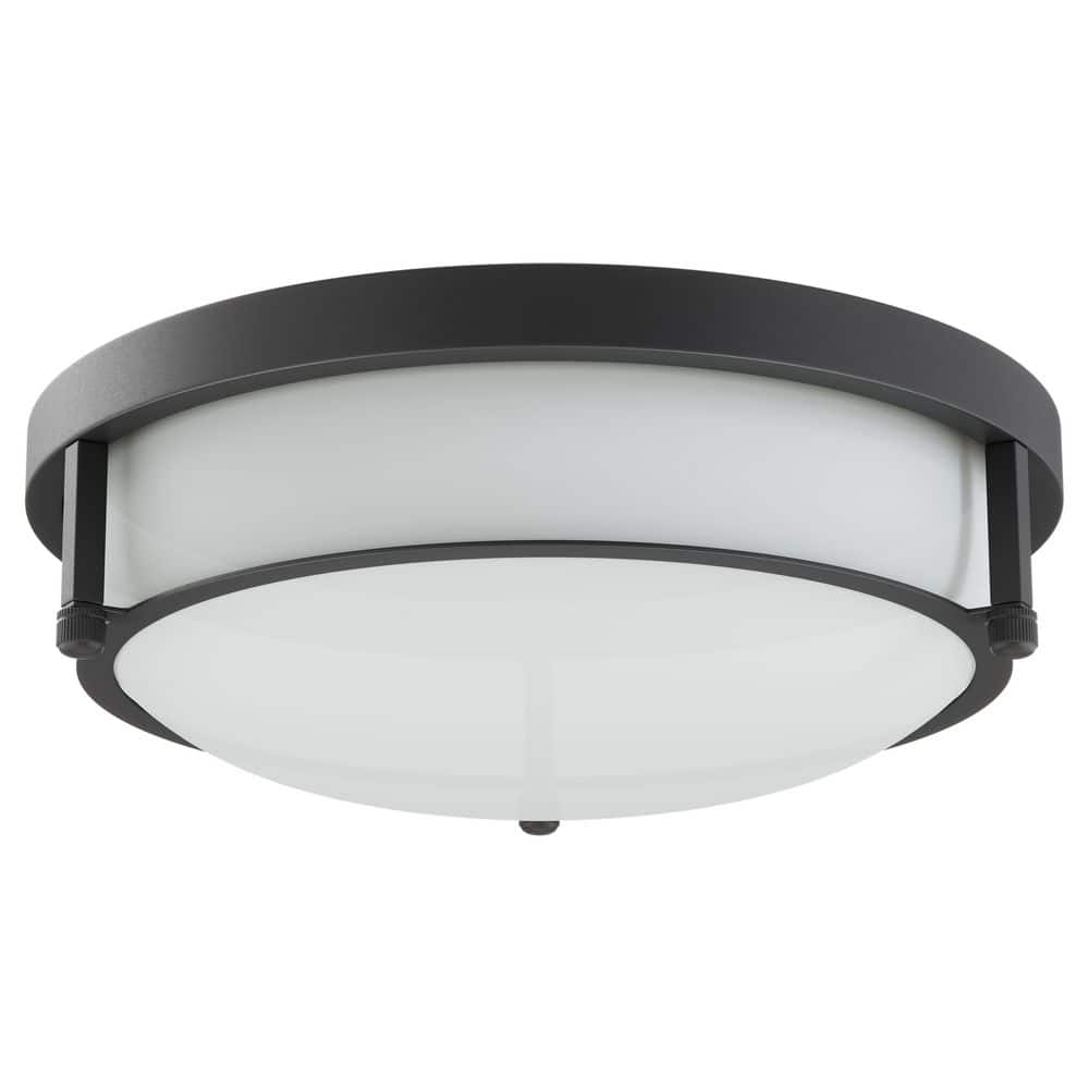 13 in. 2-Light Industrial Black Flush Mount Farmhouse Close to Ceiling Light Fixture with White Glass Shade - Hercitys