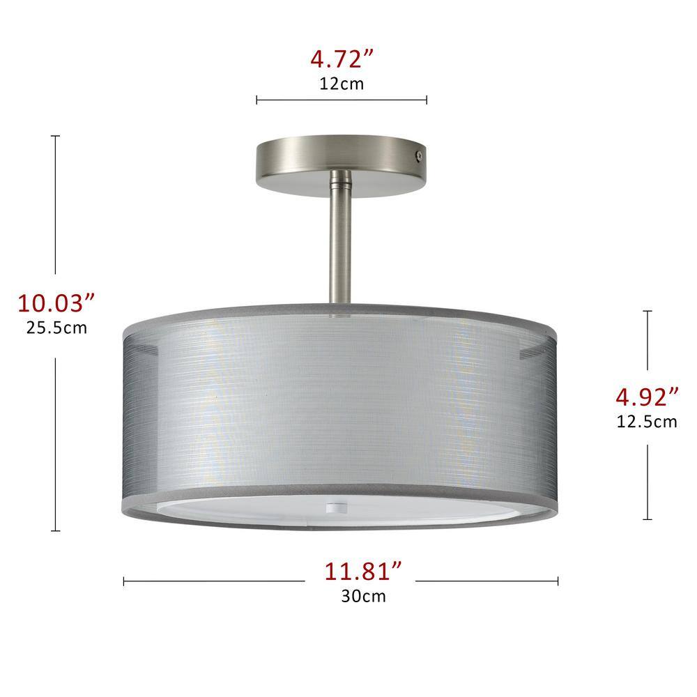 11.81 in. 3-Light Nickel Semi-Flush Mount Drum Light Modern Close to Ceiling Lamps with Double Shade - Hercitys
