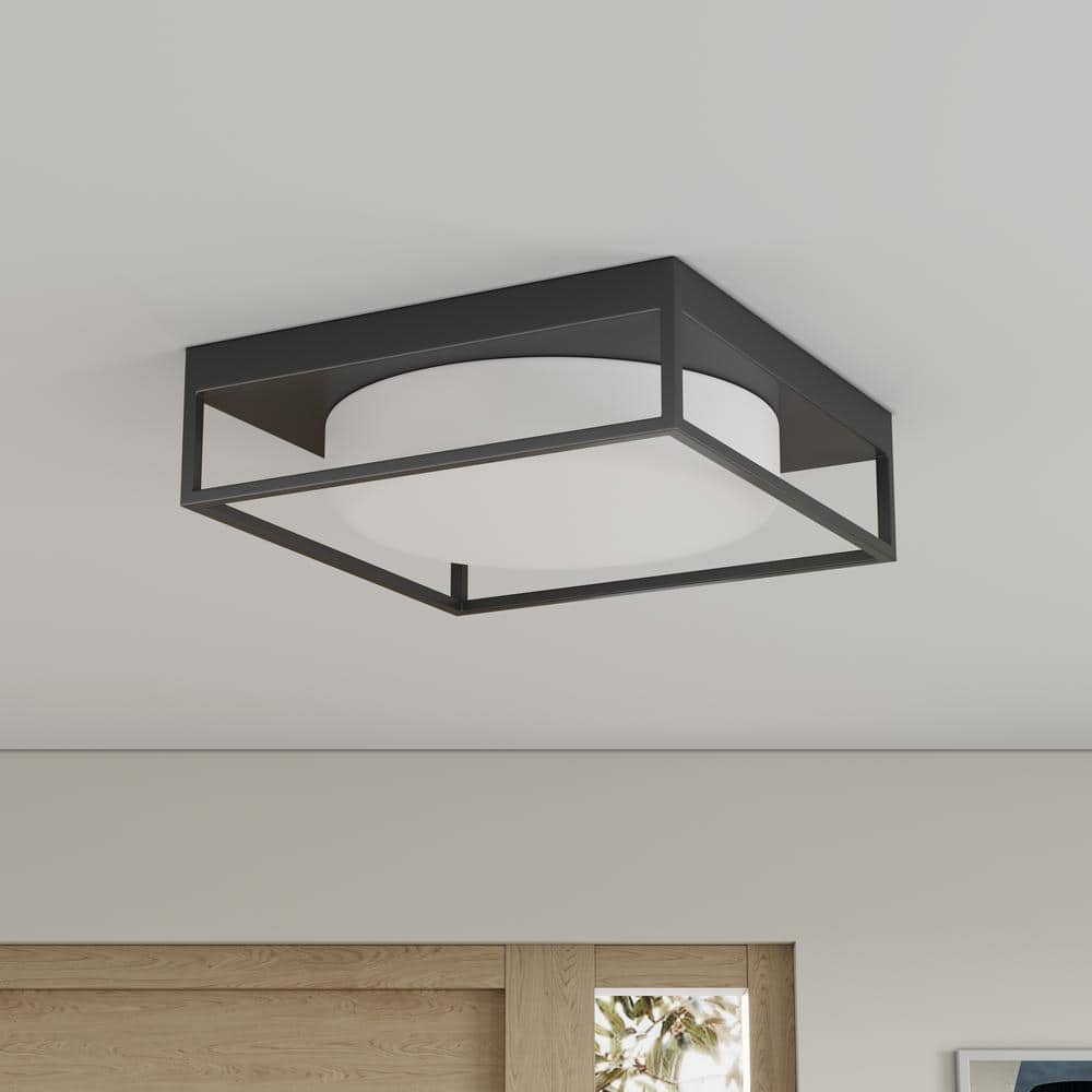 13 in. 2-Light Industrial Black Flush Mount Farmhouse Close to Ceiling Light Fixture with White Glass Shade - Hercitys