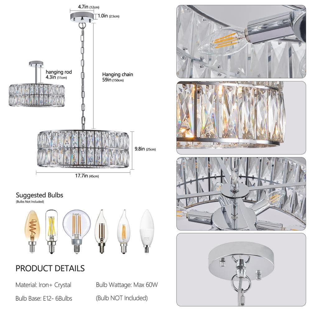 17.7 in. 6-Light Silver Semi-Flush Mount with Crystal Shade and No Bulbs Included Drum Ceiling Lights Crystal Chandelier - Hercitys