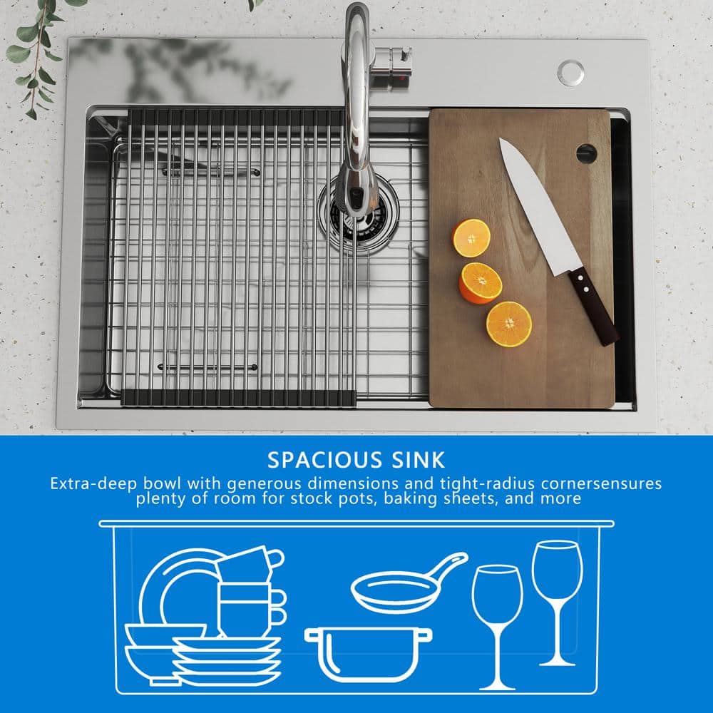 33 in. Drop-In/Undermount Single Bowl 16 Gauge Gunmetal Sliver Stainless Steel Kitchen Sink with Bottom Grids - Hercitys