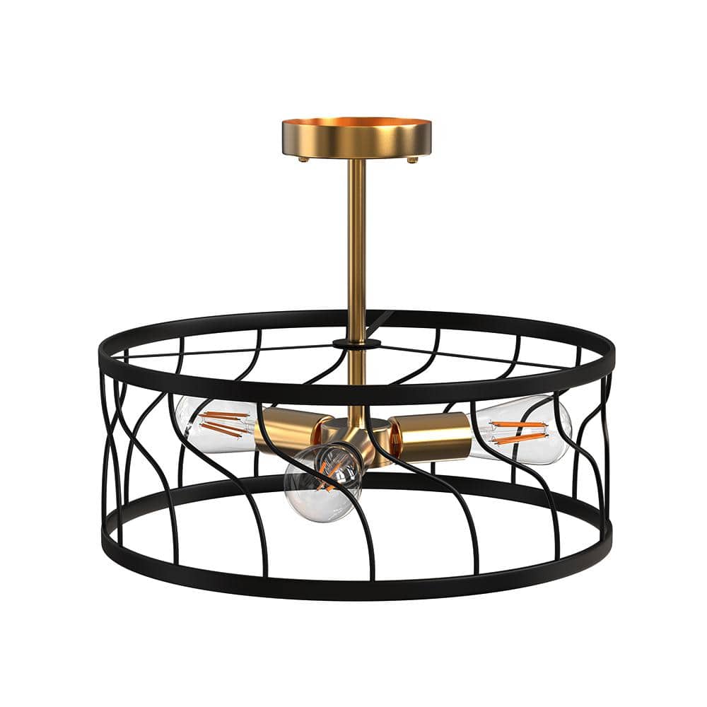 3-Light Black and Gold 16.5 in. Semi-Flush Mount Ceiling Light with Drum Cage Shade and No Bulb Included - Hercitys
