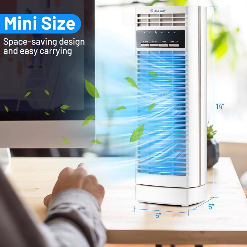 14 in. Mini Oscillating Tower Fan Electric Desk Fan with 3-Speed and Timer White - Hercitys