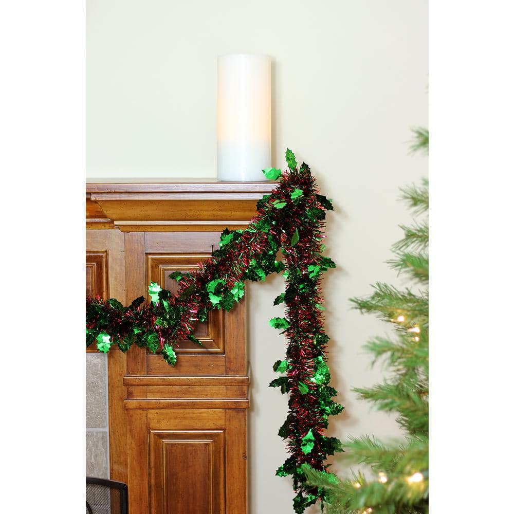 50 ft. 8 Ply Unlit Shiny Red and Green Christmas Tinsel Garland with Green Holly - Hercitys