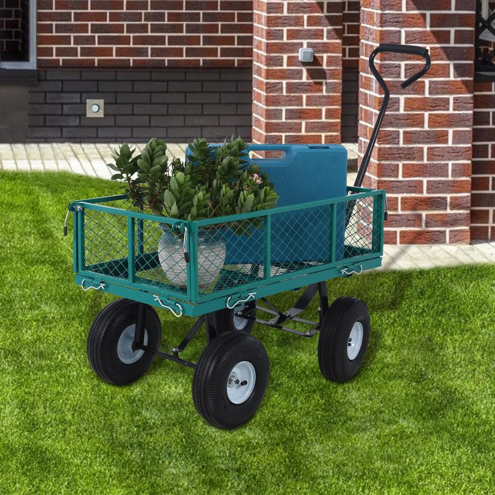 3 Cu. Ft. Green Steel Garden Cart, Wagon Cart, Removable Side Steel Mesh - Hercitys