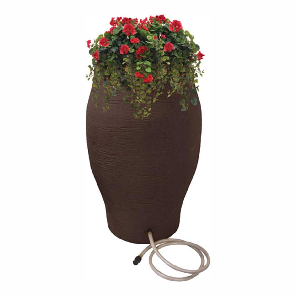 50 Gal. Earth Brown Water Urn Flat-Back Rain Barrel with Integrated Planter and Diverter Kit - Hercitys