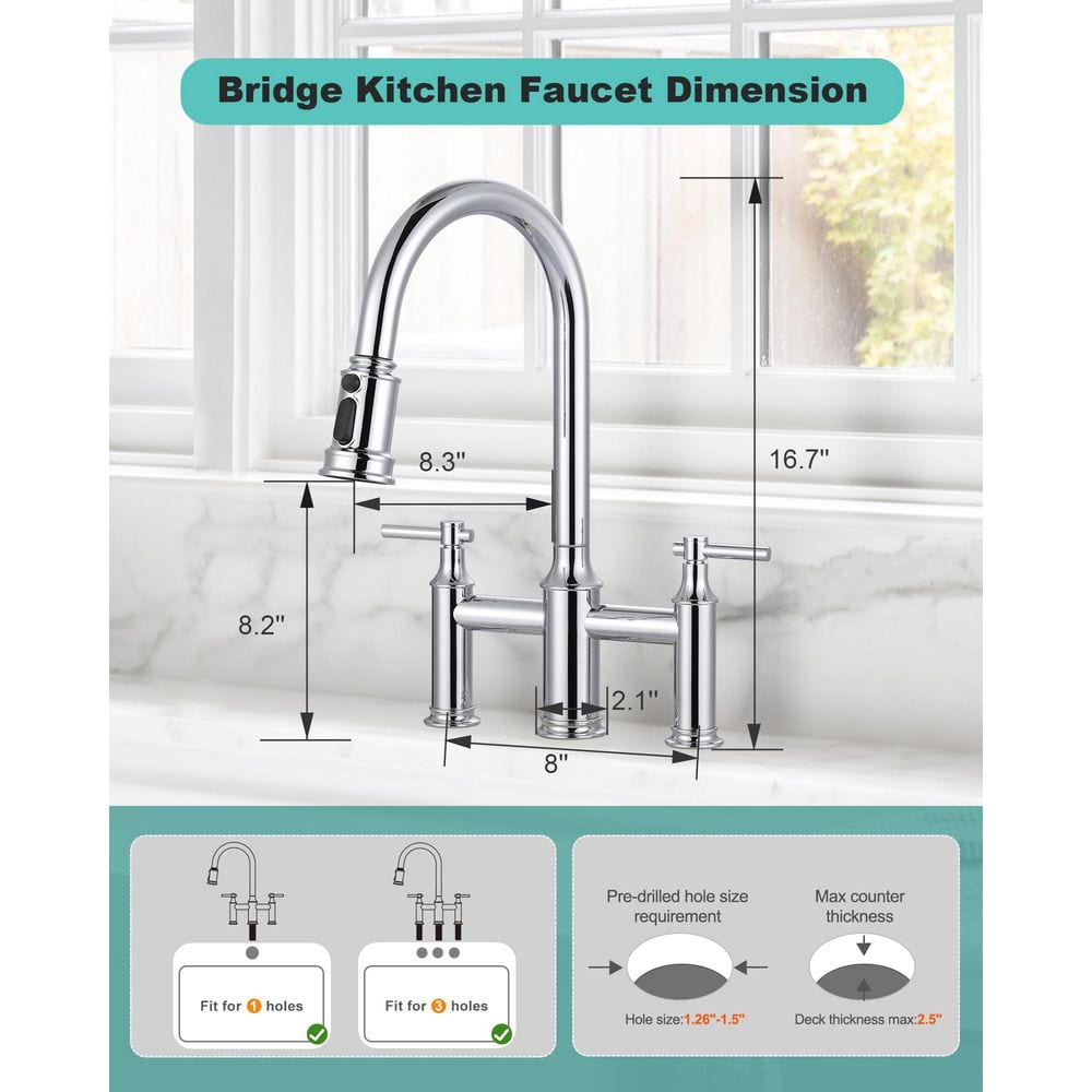 17.4 in Double Handle Pull Out Sprayer Kitchen 3 Hole Included Supply Lines in Polished Chrome - Hercitys