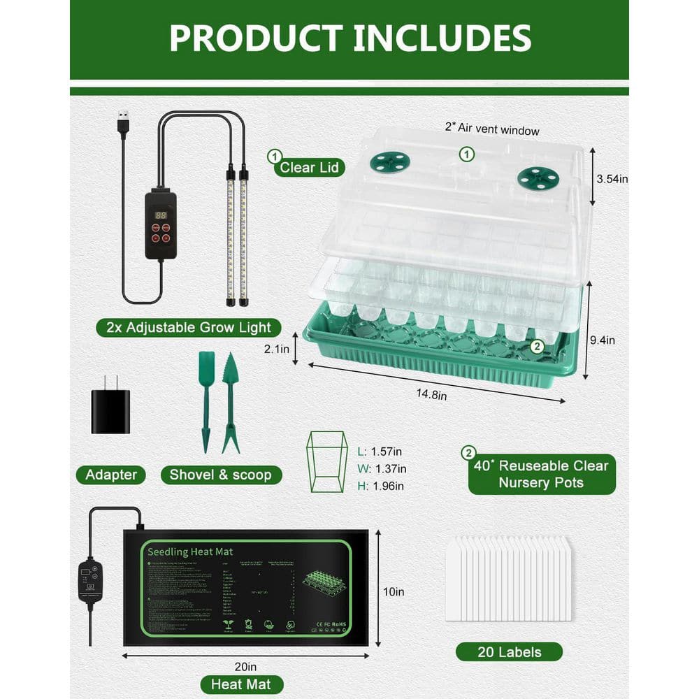 40 Cell Seed Starter Kit with Grow Light and Graphene Heating Mat, Reusable Tray with 4.7 in. Humidity Domes - Hercitys