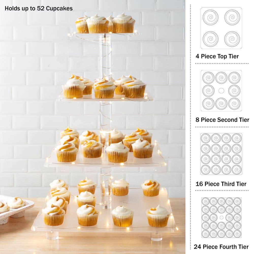 4-Tier Clear Acrylic Square Cupcake Display and Cake Stand with Yellow LED Lights - Hercitys
