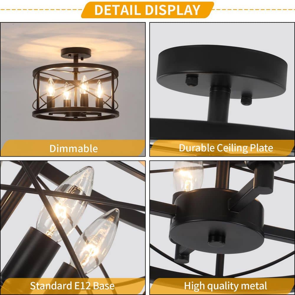 13 in. 4-Light Black Drum Semi Flush Mount Ceiling Light with No Bulbs Included - Hercitys