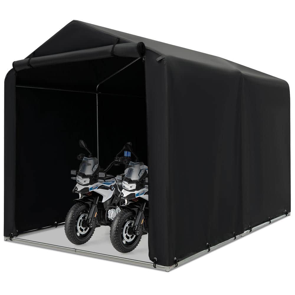 5.2 ft. W x 7.1 ft. D x 4.1 ft. H Black Metal Bicycle Motorcycle Carport Outdoor Storage Shed - Hercitys