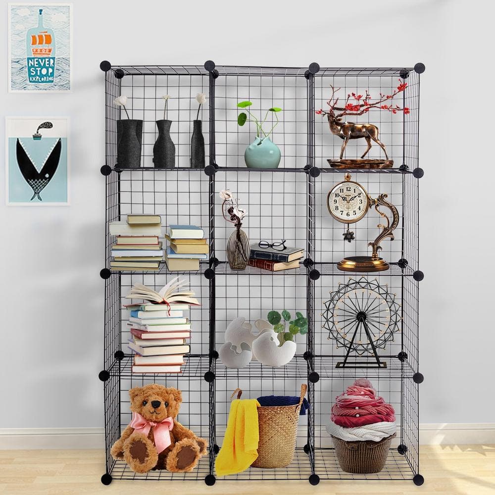 14 in. W x 14 in. H x 14 in. D Black DIY 12 Cube Grid Wire Cube Shelves Shelving Unit - Hercitys