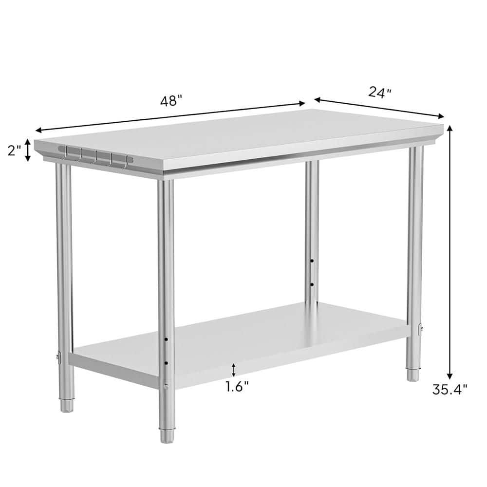 48 x 24 in. Silver Stainless Steel Kitchen Prep Table with Hooks and Adjustable UnderShelf - Hercitys