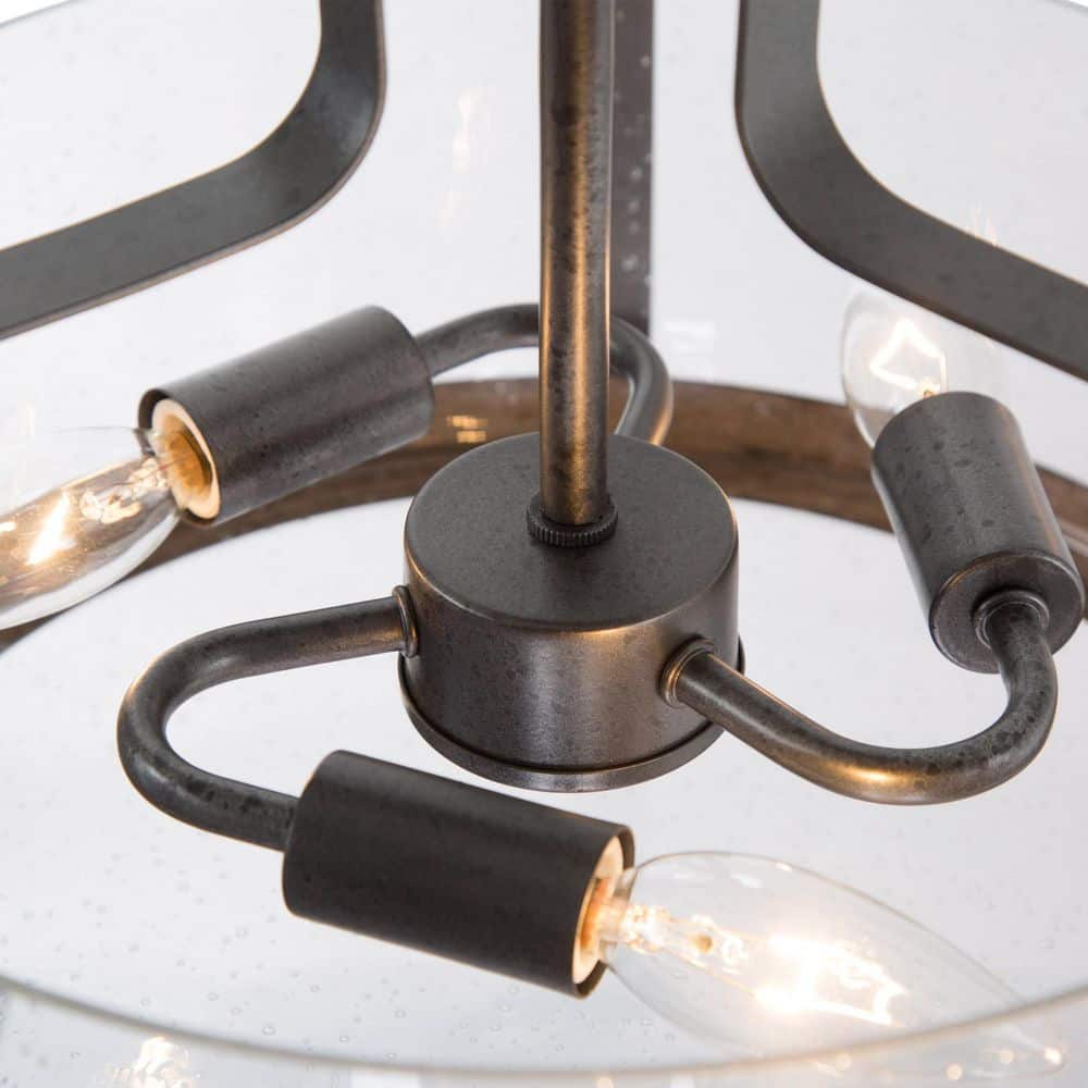 14 in. 3-Light Black Semi-Flush Mount Ceiling Light with Seeded Glass Shade - Hercitys