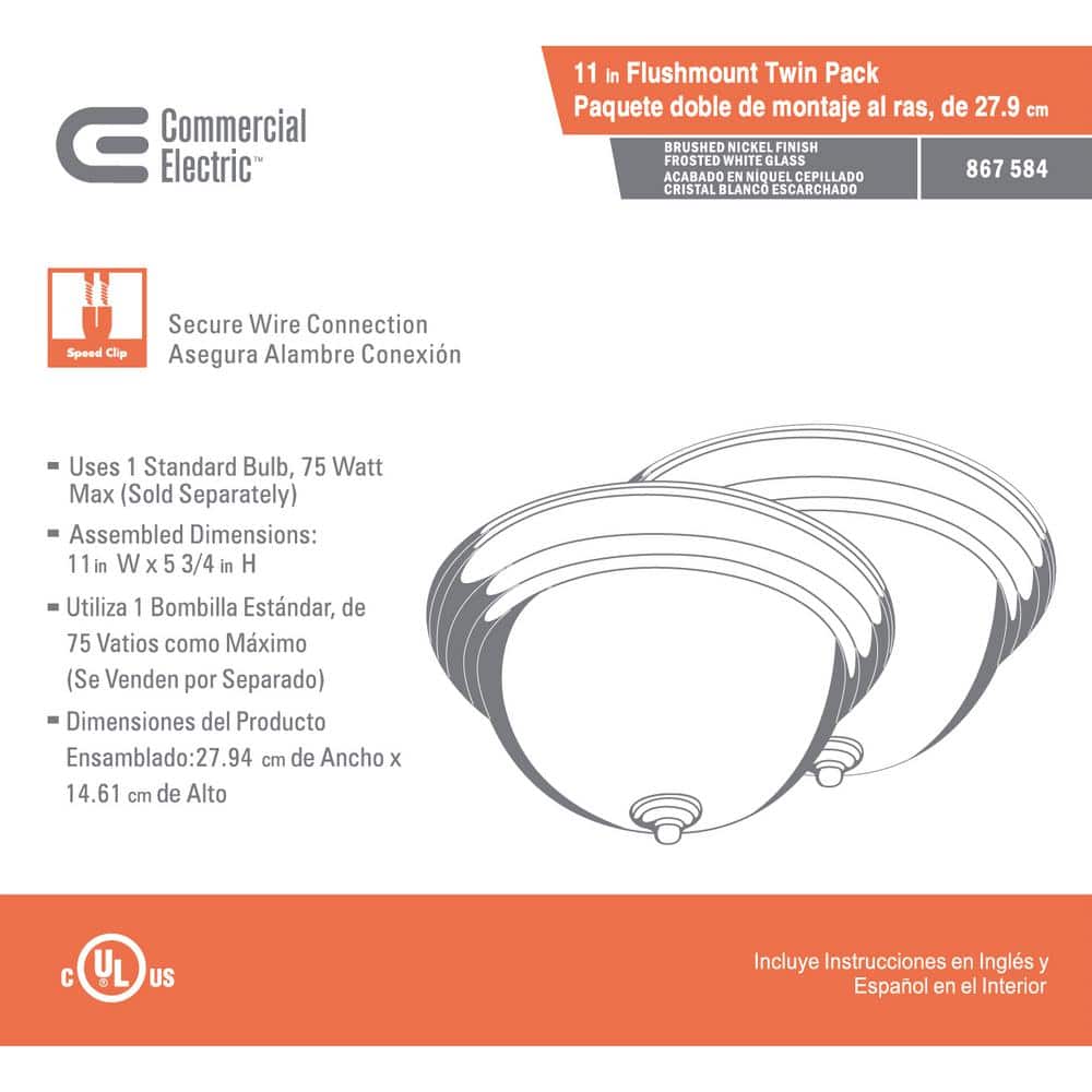 11 in. 1-Light Brushed Nickel Flush Mount with Frosted Glass Shade (2-Pack) - Hercitys